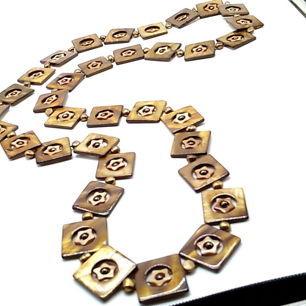 Long Brown Geometric Mother of Pearl Squares Stars Necklace